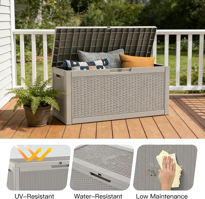 Mars Villa 60 Gallon Deck Box, Waterproof Resin Storage Bin with Lockable Lid, Weatherproof and UV Resistant, for Outdoor Patio Furniture Cushions, Pool Supplies, Garden Tools, Grey