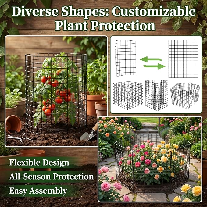10 Packs Plant Protectors from Animals, 30Pcs 12"x 16" Large Metal Wire Mesh Garden Plant Cages for Outdoor Gardening, Chicken Wire Cloche Plant Cages for Rabbits with Zip Ties & Stakes(Black)