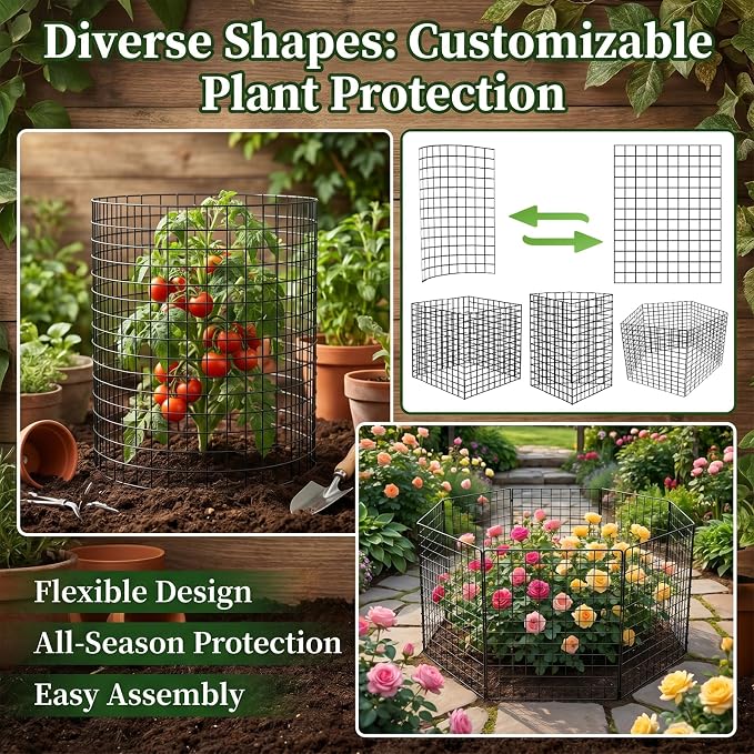 15 Packs Plant Protectors from Animals, 45Pcs 12"x 16" Large Metal Wire Mesh Garden Plant Cages for Outdoor Gardening, Chicken Wire Cloche Plant Cages for Rabbits with Zip Ties & Stakes(Black)