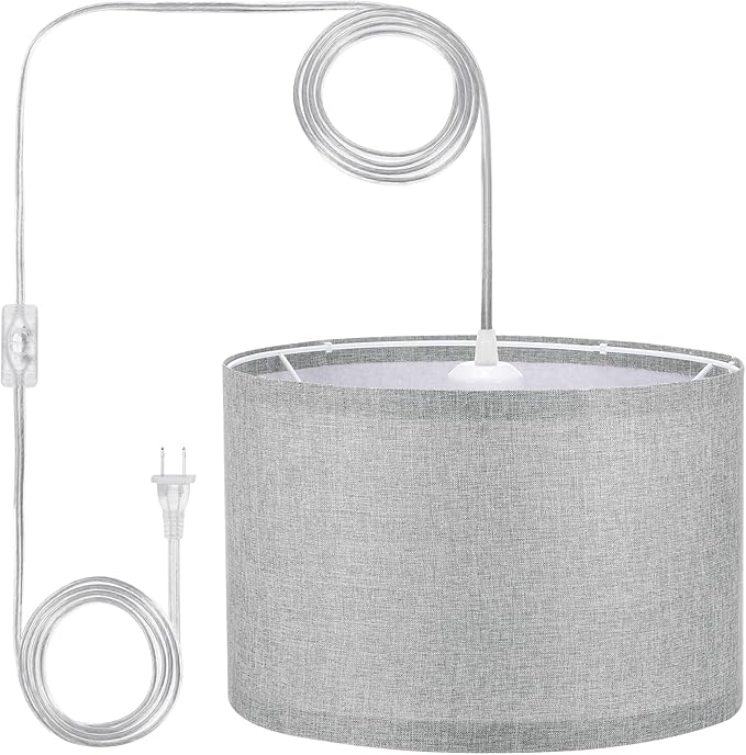 PATIKIL Plug in Pendant Light, 15Ft Rope Cord Hanging Lamp Fixture with ON/Off Switch, Fabric Shade E26/E27 Bulb Socket for Bedroom Kitchen Living Room, Dark Gray