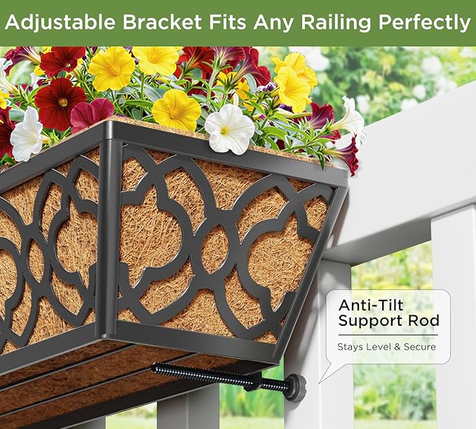 Y&M Deck Railing Planter Boxes, Adjustable Balcony Planter for Outdoor Plants, Metal Railing Planter Box for Deck, Fence and Porch, Window Boxes Outdoor, Sturdy Hanging Planter-24inch 6pcs