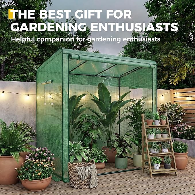 Gentingbro Mini Greenhouse Walk-in Greenhouse w/PE Cover 4 Wind Ropes & Ground Stakes Roll-up Zipper Door Double-Layer Screen Windows Portable Small Greenhouses for Outdoors 79 x 31 x 59-Inch