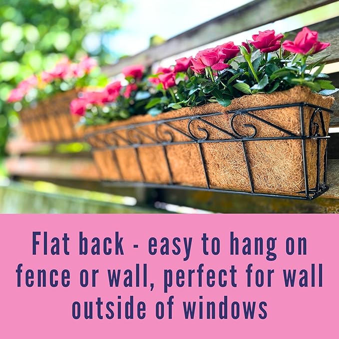 LaLaGreen Wall Mounted Planters - 24 Inch, 4 Pack Window Flower Boxes Basket Outdoor, Balcony Planter Over the Rail, Deck Railing Hanging with Coco Liners, Metal Horse Troughs Fence Patio Porch