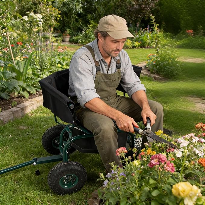 Rolling Garden Cart - Outdoor Workseat with Seat Cushions and Wheels, Heavy Duty Garden Tool Cart with Storage Bracket and Tool Tray for Yard, Planting Gardening Work (Green)