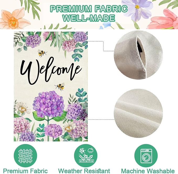 Baccessor Summer Hydrangea House Flag Double Sided 28x40 Inch, Purple Flower Floral Welcome House Flag Burlap Seasonal Farmhouse Yard Outdoor Decoration (Large)
