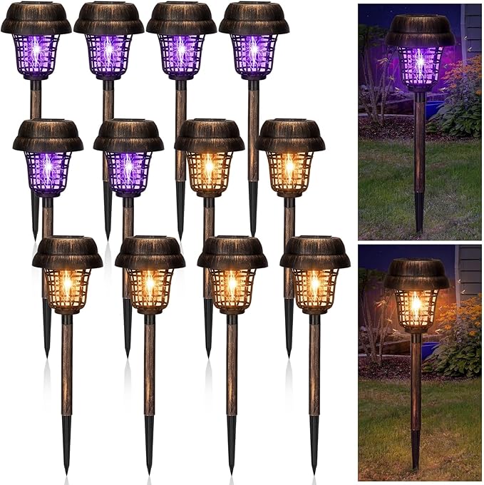 Qualirey 12 Pcs Solar Mosquito Zapper Outdoor Waterproof Solar Powered Bug Zapper Outdoor Mosquito Killer Lamp Trap Repellent Light for Garden Yard Insect (Purple and Warm Light,Bronze)
