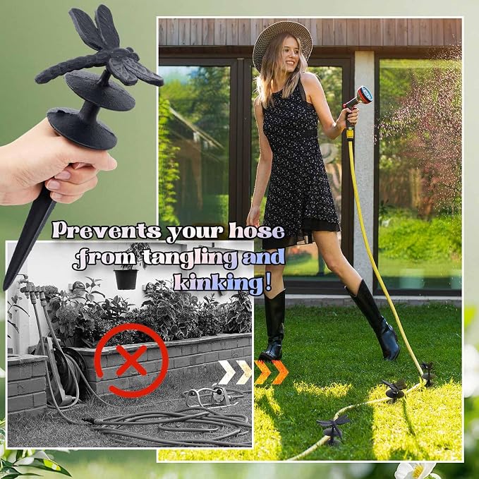 Tandefio 3 Pcs Butterfly Dragonfly Bird Garden Hose Guide Stakes, Heavy Duty Decorative Antique Black Cast Iron Metal Hose Guides, Plant Protector for Lawn Yard Flower Bed