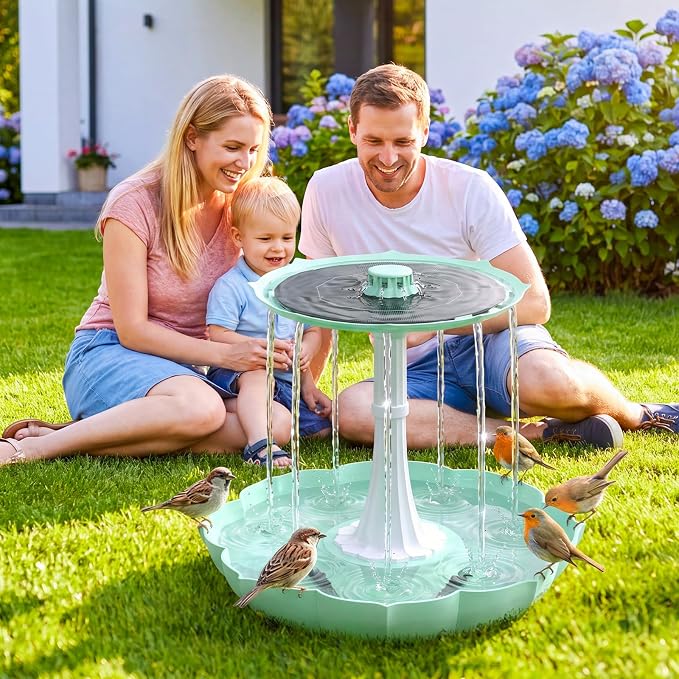 Solar Power Bird Bath Fountains Pump, Blue 2-Tier Cascade Water Feature for Outdoor Garden, Outside Pedestal Birdbath Kit for Yard Decoration & Wild Birds Feeding