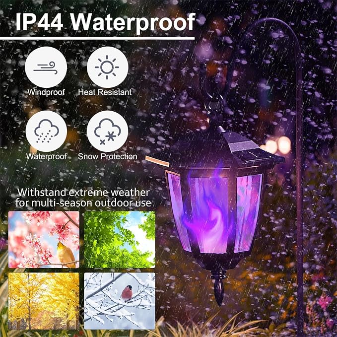 Dynaming 6 Pack Solar Halloween Flame Hanging Lights Outdoor, Flickering Flame LED Garden Lanterns with 4x38 Inch Shepherd Hooks, Landscape Lighting Waterproof for Lawn Yard Pathway Driveway, Purple