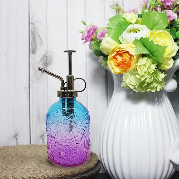 Glass Plant Mister Spray Bottle, 350ML Vintage Plant Spritzer, Succulent Watering Bottle Glass with Top Pump, Small Plants Sprayer Watering Can for Indoor (Blue Purple)