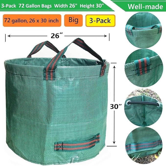 Professional 3-Pack 72 Gallon Big Lawn Garden Bags (D26,H30 in) Reusable Yard Waste Bags with Gardening Gloves for Pruning,Leaf Bag,Yard Debris,Lawn Weeds,Grass Clippings,Hedge Trimmings Bag 4 Handles