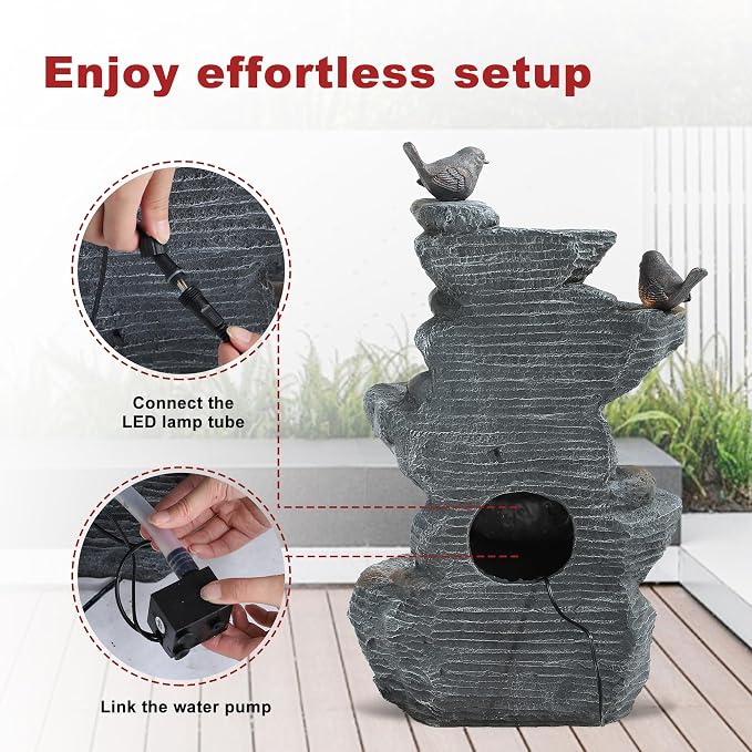 5 Tiers Garden Fountain Outdoor, 26.4" Rock Waterfall Feature with 4 LED Lights, Modern Resin Fountain Freestanding with Pump and Dicky Bird for Indoor and Porch Patio, Home Art Decor, Grey