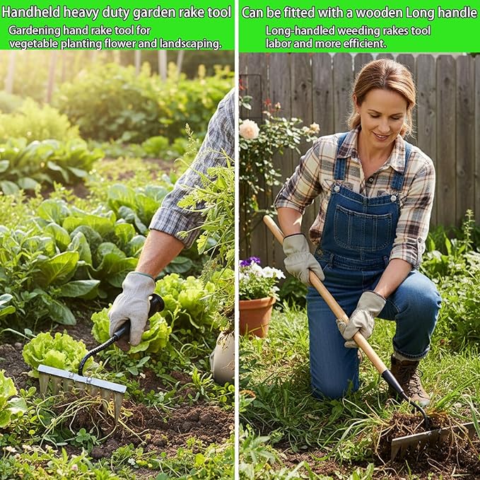 2Pcs Iron Rake for Weeding, Garden Metal Rake Heavy Duty with 7 Tines, Garden Weeding Rake Tools, Sharp Gardening Weed Rake Tool, Hand Rake Weeder Tool Weed Puller for Backyard Farm Planting Weeding