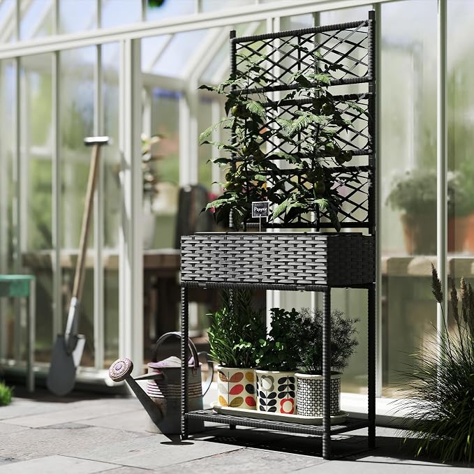 Outsunny Raised Garden Bed with Trellis, Outdoor Wicker Planter, Freestanding Rattan Planter Stand with Storage Shelf for Climbing Plants, Flowers, Herbs, Vegetables, Black