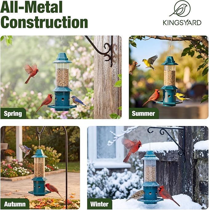 Kingsyard Squirrel-Proof Bird Feeder with Adjustable Weight-Activated Perch, Wild Bird Feeders for Outdoors Hanging, Weatherproof & 4 lb Large Seed Capacity, Dark Green