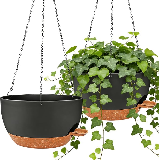 2 Pack 12" Self Watering Hanging Planters, Black Brown with Chains | Plastic hanging baskets with 43 Oz removable reservoir, for indoor outdoor plants, patio porch garden balcony decor