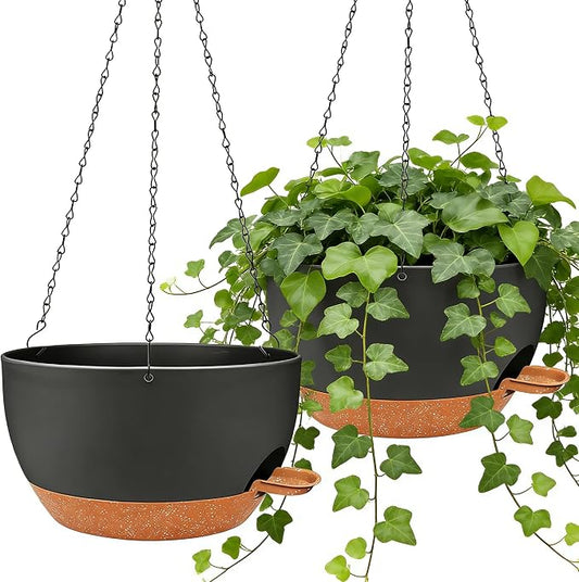2 Pack 12" Self Watering Hanging Planters, Black Brown with Chains | Plastic hanging baskets with 43 Oz removable reservoir, for indoor outdoor plants, patio porch garden balcony decor