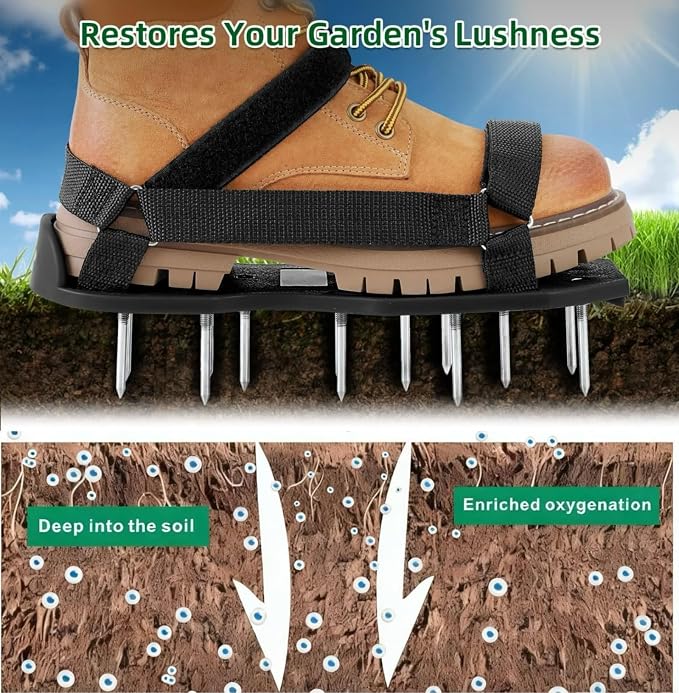 Lawn Aerator Shoes with Hook & Loop Straps, Heavy Duty Spiked Aerating Sandals, One Size Fits All Aerator Tool for Aerating Patio Garden, Black (Black)
