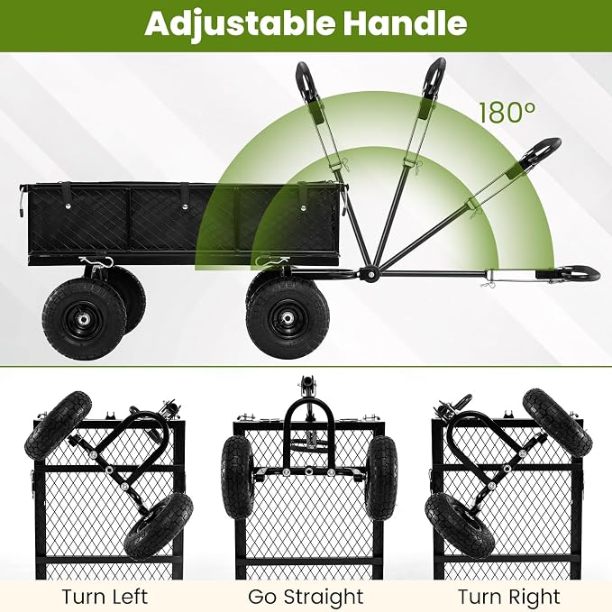 Goplus 880lbs Heavy Duty Garden Cart, Metal Utility Wagon Cart with Removable Oxford Cloth Liner & Mesh Sides, 10" Pneumatic Tires, 180° Rotating Handle for Yard, Lawn