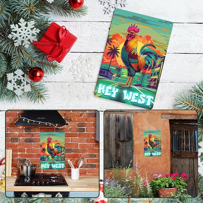Chicken Key West Florida Retro Tin Signs Vintage Wall Decoration Metal Poster Home Kitchen Bedroom Bar Sign Decoration Posters Tin Sign Halloween Thanksgiving Gift 12 * 8in
