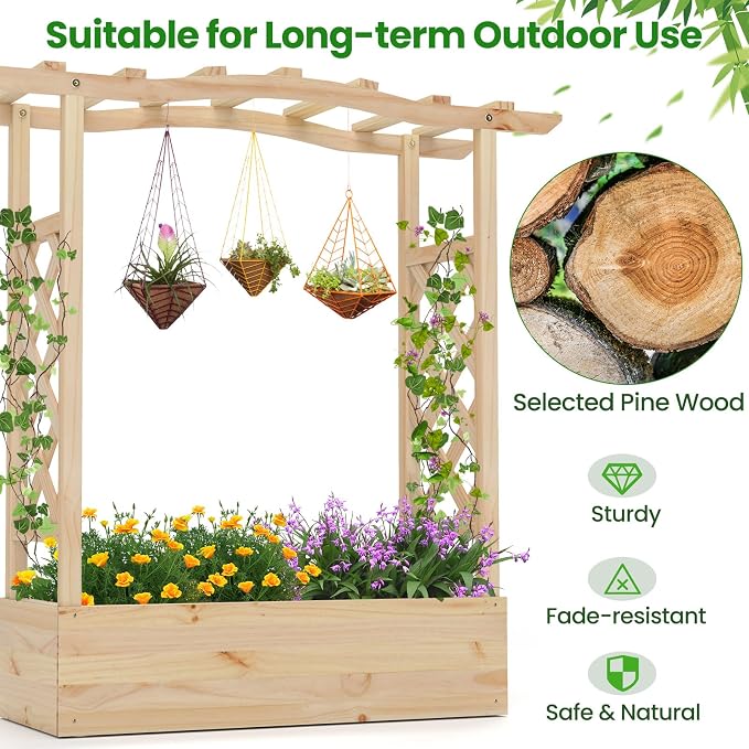 Giantex Set of 2 Raised Garden Bed with Sided Trellis & Hanging Roof, Wood Planter Box, Freestanding Garden Planter Raised Bed for Flowers Herbs Climbing Vines 44”x14”x45” (L x W x H)