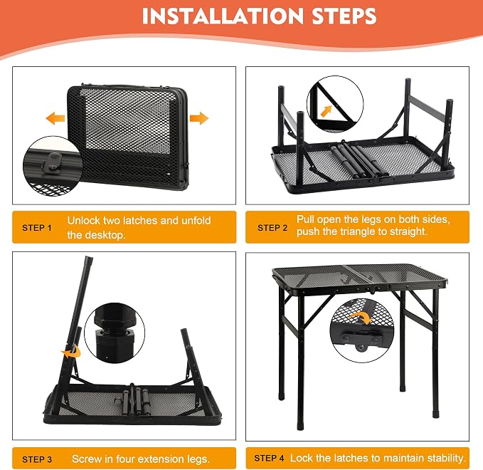 GREGIN Camping Table with Mesh Desktop, Lightweight & Portable Folding Grill Table, Height Adjustable Metal Outdoor Table for Camp, Cooking, BBQ, RV, Picnic-4 FT Black