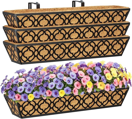 HFHOME 4 Pcs 30" Window Box Deck Railing Planter Box with Horse Trough Coco Liners, Black Metal Hanging Flower Planters Baskets for Indoor, Outdoor, Balcony, Porch, Fence, Patio, and Lawn