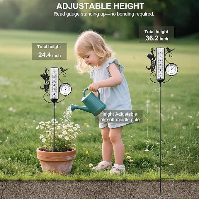 shumi Rain Gauge Outdoor with Thermometer Garden Decor, Bird and Cat Decorative Outdoor Rain Gauges for Yard Patio Lawn, Gardening Gifts for Women