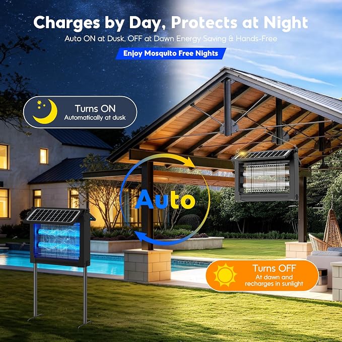 Solar Bug Zapper Outdoor, 4500V Electric Mosquito Zapper with Dual Solar Panels, Auto On/Off Mosquito Killer, IPX5 Waterproof Fly Trap for Backyard Patio Garden Camping, 1/2 Acre Coverage