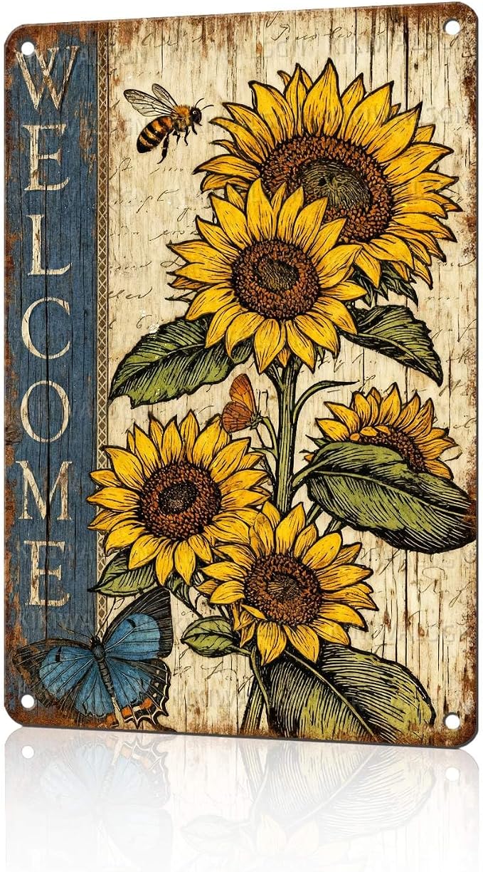 Vintage Sunflower Tin Sign Welcome Retro Garden Metal Sign Rustic Nostalgic Wall Decor For Home Garden Plaque Yard Bar Farmhouse Porch Living Room Cafe Kitchen 12 * 8 In