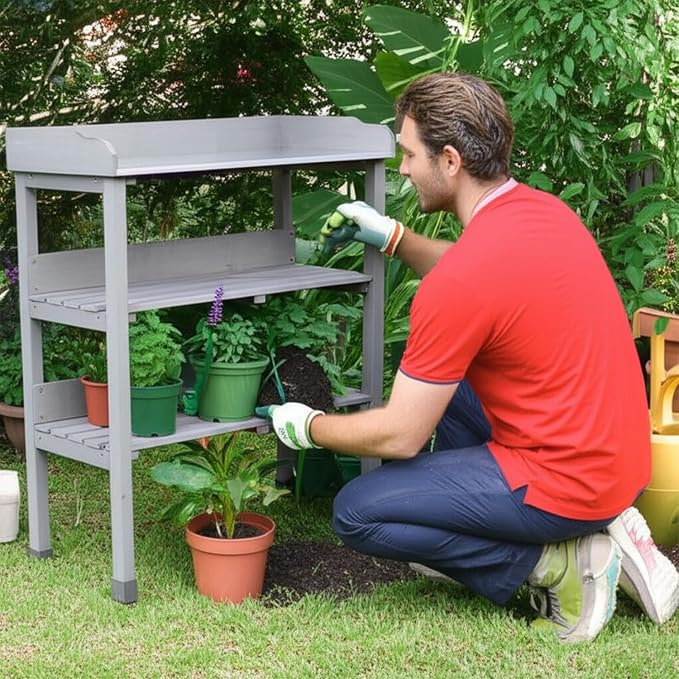 Outdoor Garden Potting Bench Table, Fir Wood & Metal Top Gardening Workstation with 2 Shelves, Water-Resistant Surface, 30.5" x 14.6" x 35.5",Gray