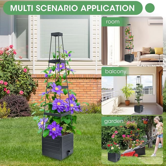 MQUPIN Self Watering Tomato Planter with Trellis, 57" Raised Garden Bed for Climbing Vegetables Vine Flowers, Tomato Cage Plant Support for Indoor Outdoor Patio Greenhouse (1 Pack)