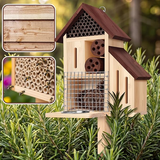 Hoteam Wooden Insect Hotel Bee Ladybugs Butterfly House Large Natural Mason Bee Lady Bug Hotel with Stake and Feeder for Garden Yard Backyard Attract Butterflies Pollinators Beneficial Insect(Brown)