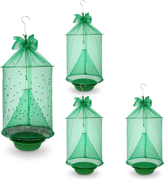 4 Pack Reusable Ranch Fly Trap Hanging, Fly Traps Outdoor Fly Catcher Killer Hunter Cage Control, Farm Horse Stable Fly Trap for Orchard, Barn, Garden