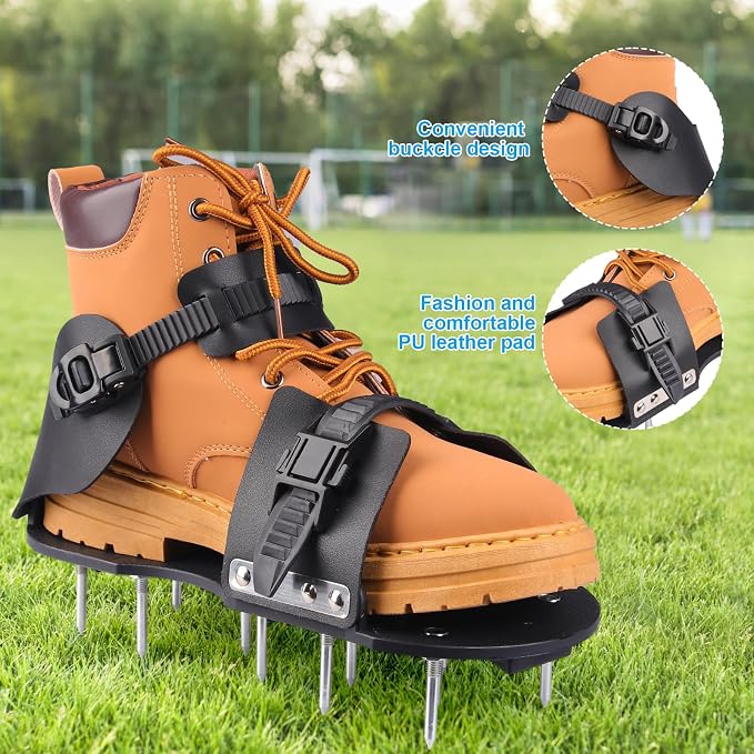 Lawn Aerator Shoes, Aerator Shoes with Adjustable Loop Strap and Snap-On Buckle, with 26 Stainless Steel Nails Lawn Aerator Shoes for Lawn Soil Aeration for Patios, Gardens, Lawns (Black)