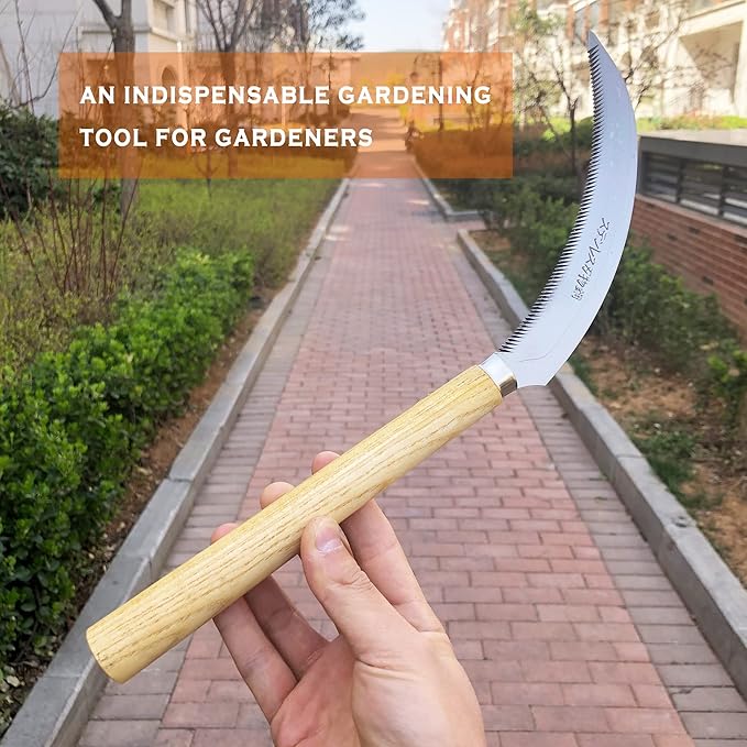 Grass Sickle with Sawtooth Japanese Weeding Hoe Weeding Tools for Garden High Toughness Stainless Steel with Hard Solid Wood Handle(Yellow)