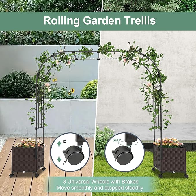 Giantex 6.6 FT Garden Arbor with Planter Boxes, Arch Trellis for Climbing Plants, Self-Watering System, Drainage Design, Lockable Wheels, Outdoor Metal Archway for Backyard, Patio, Wedding Decor
