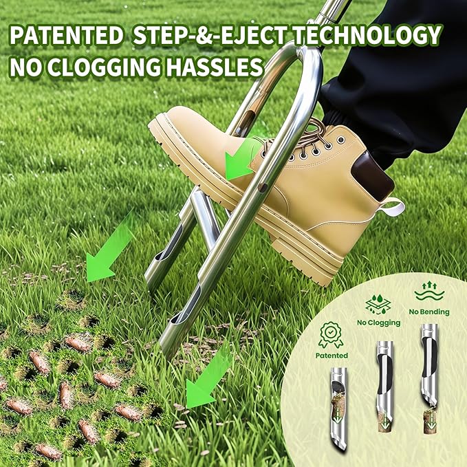 Manual Lawn Aerator Tool - Core Aerator with Step-to-Eject Technology for Never-Clogging Lawn Aeration, Heavy-Duty Steel Construction,Easy DIY Plug Aerator for Healthier Grass and Yard (Orange)