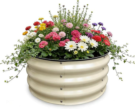 GrowHaus 2x2x1FT Galvanized Raised Garden Bed, Planter Boxes Outdoor Round Metal Garden Beds for Planting Vegetables Flowers Herbs Milk White