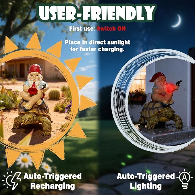 Funny Garden Gnomes Tortoise Decorations for Yard Statue with Solar Lights Outdoor Sculpture Decor