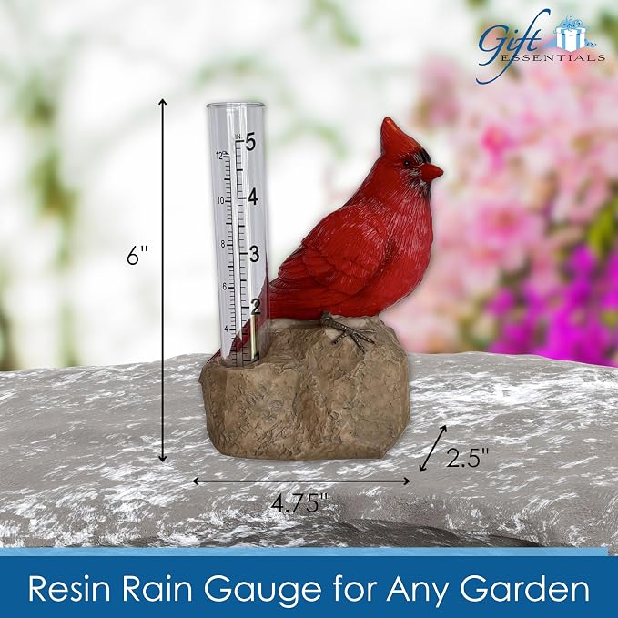 Gift Essentials Cardinal Decorative Rain Gauge Outdoor - Resin Bird Figurine on Rock Base - Removable Tube Measures Up to 5 Inches of Rainfall - Garden Decor Gift