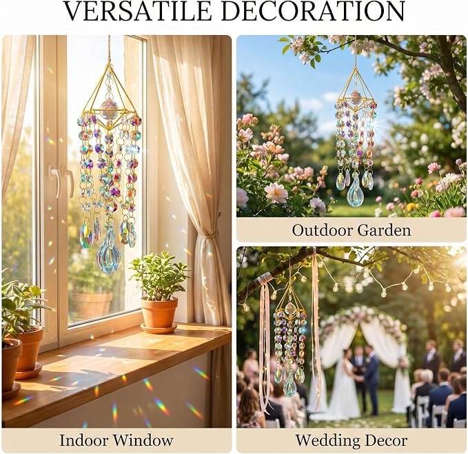 HDCRYSTALGIFTS Crystal Suncatchers for Window Hanging Glass Wind Chime Style Garden Sun Catchers with Crystals Prisms Rainbow Maker Indoor Outdoor Decor Handmade Gold Plated