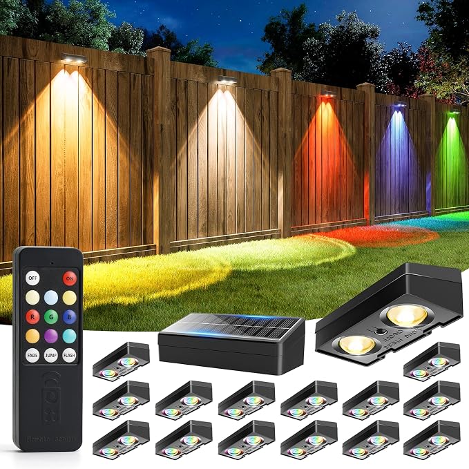 JOFIOS Solar Fence Lights with Remote, Warm White, Cool White and RGB Color Glow LED Outdoor Wall Lights, IP65 Waterproof Solar Lights for Fence, Backyard, Railing, and Deck, Home Improvement, 16 Pack