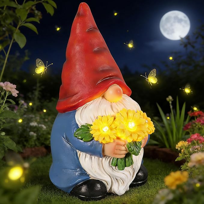 Garden Gnomes Outdoor Solar Garden Decor Garden Statues with Sunflower Lights Yard Decorations Outdoor Patio Porch Backyard Decor, Housewarming Birthday Gifts for Women Friends