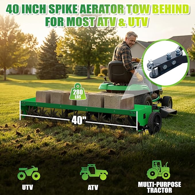 40" Spike Aerator Tow Behind, Lawn Aerator Tow Behind with Universal Hich, Green Galvanized Steel and Includes a Pallet Capable of Supporting 280 Pounds, Pull Behind Aerator for Garden, Farm and Lawn