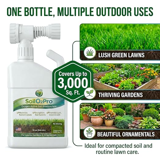 Liquid Soil Aerator & Oxygen-Active Biostimulant - Revitalizes Hard Compacted Clay Soil - 32 oz Hose-End Sprayer, No Mixing Required (Covers 3,000 sq. ft.)