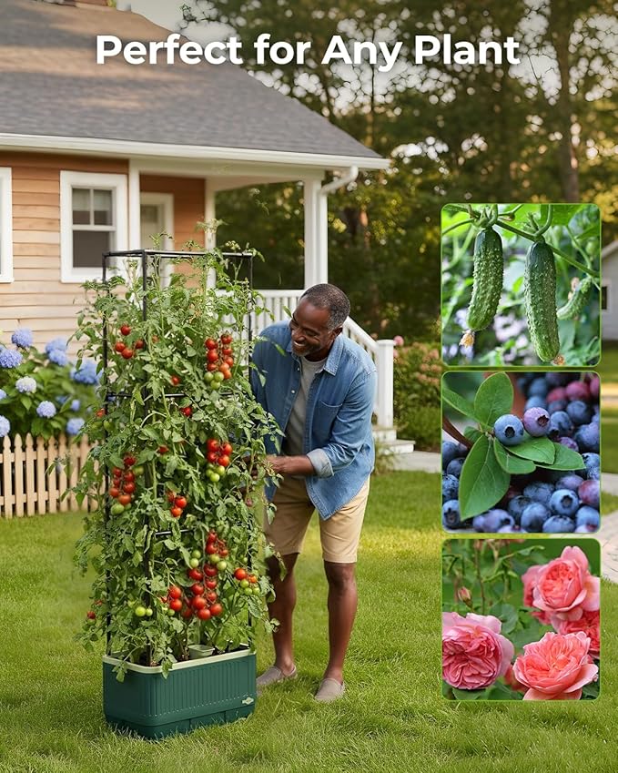 Raised Garden Bed Planter Box with Trellis, Self Watering Tomato Planters for Climbing Plants, Tomato Cage Trellis for Vegetables & Vine Flowers Indoor Outdoor Patio