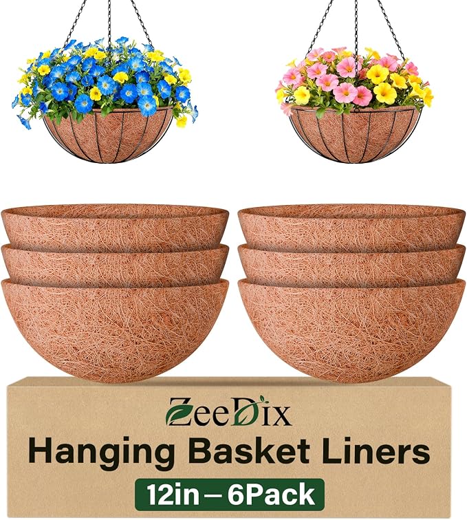 ZeeDix 6 Pack 12 Inch Coconut Liners for Planters, Round Hanging Basket Liners Natural Coco Coir Replacement Liner for Flowers Vegetables Patio Porch Garden Decor