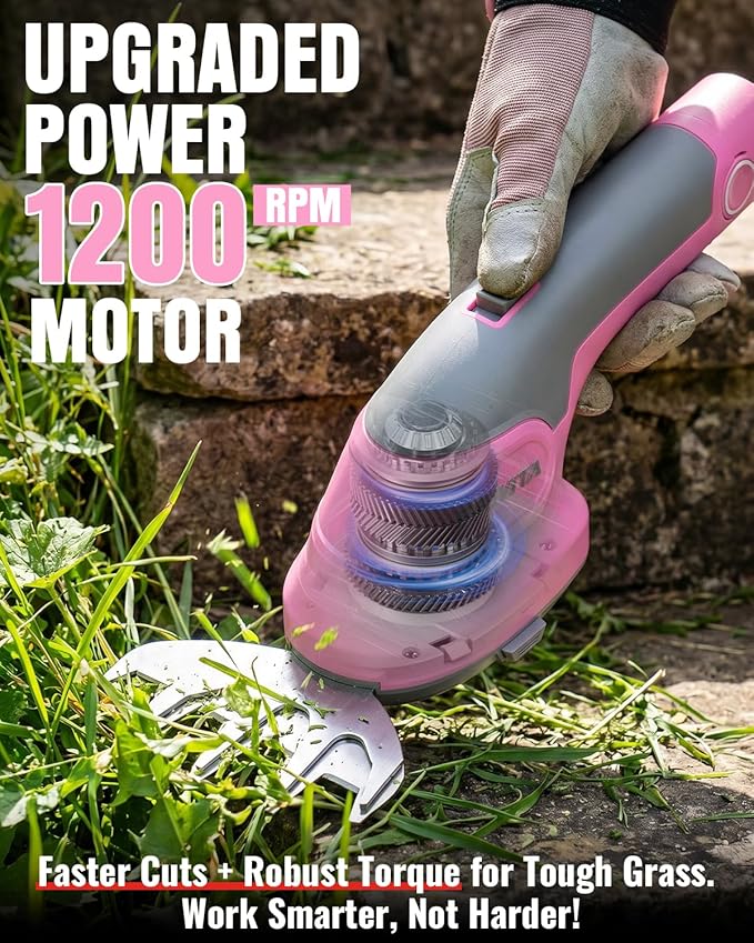 8V Cordless Hedge Trimmer & Grass Shear, 2-in-1 Handheld Shrub Trimmer with 2000mAh Removable Battery, 2 Interchangeable Blades for Bushes, Shrubs & Lawn Edging (Pink)