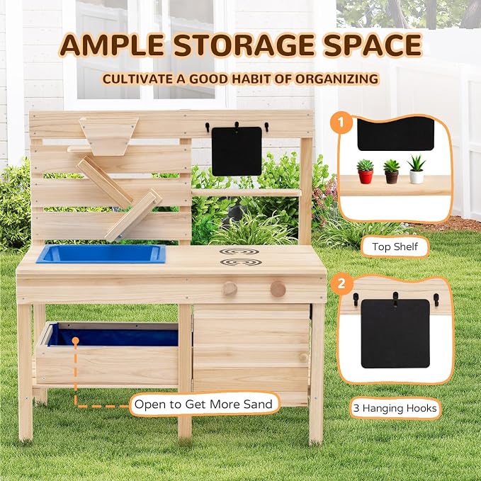 Costzon Mud Kitchen for Kids, Outdoor Play Kitchen w/Detachable Sandbox, Stoves, Sink, Chalkboard, Sand Funnel & Storage Shelf, Wooden Mud Table, Backyard Garden Toy Gift for Boys Girls Aged 3-8